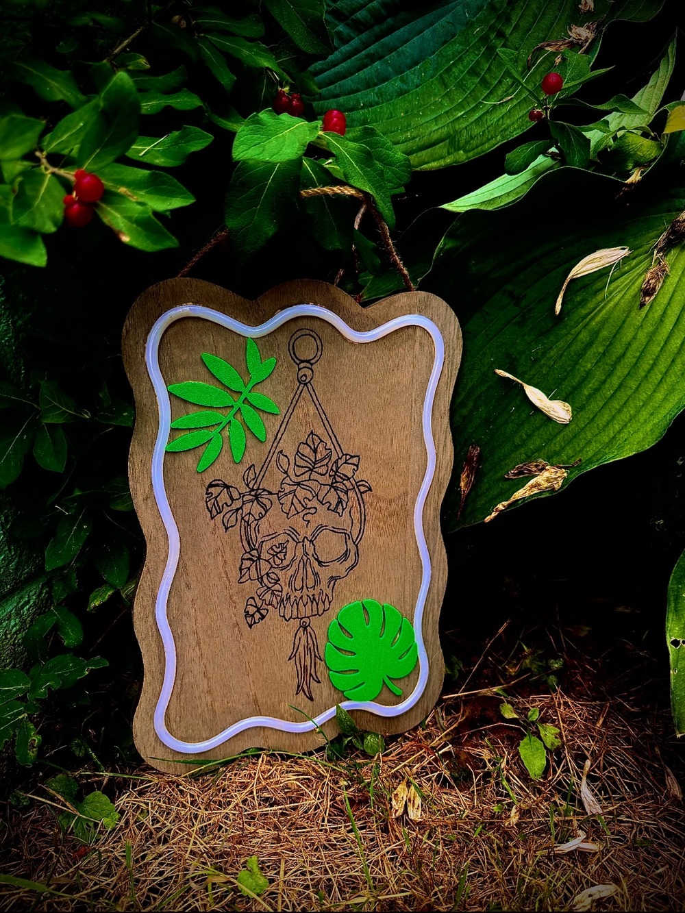 Wooden Skull & Monstera Wall Hanging — Green Accents